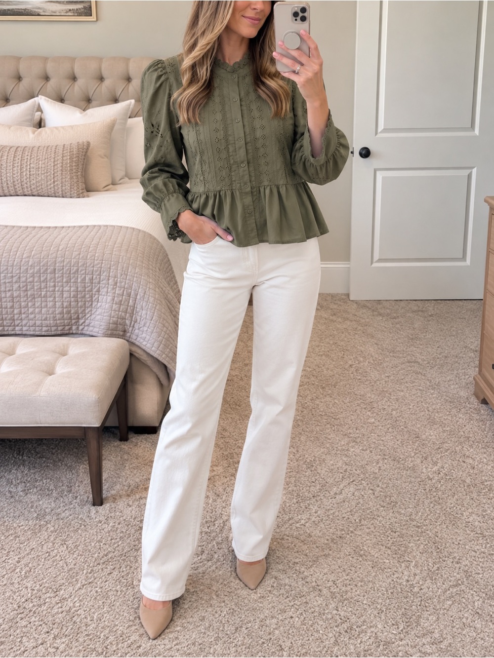entro Olive Green Eyelet Peplum Blouse